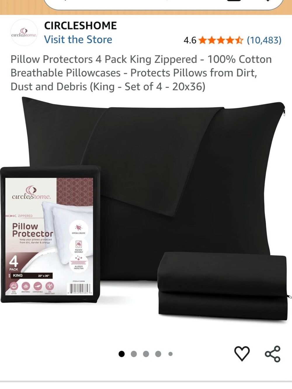 Circleshome King Pillow Protectors 4-Pack - Black